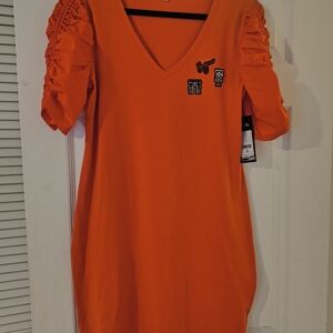 Karl Lagerfeld Orange Dress with Ruched Sleeves